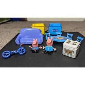 Peppa Pig Toy Figures and Furniture lot Sofa Table Chairs Bike Stove Train